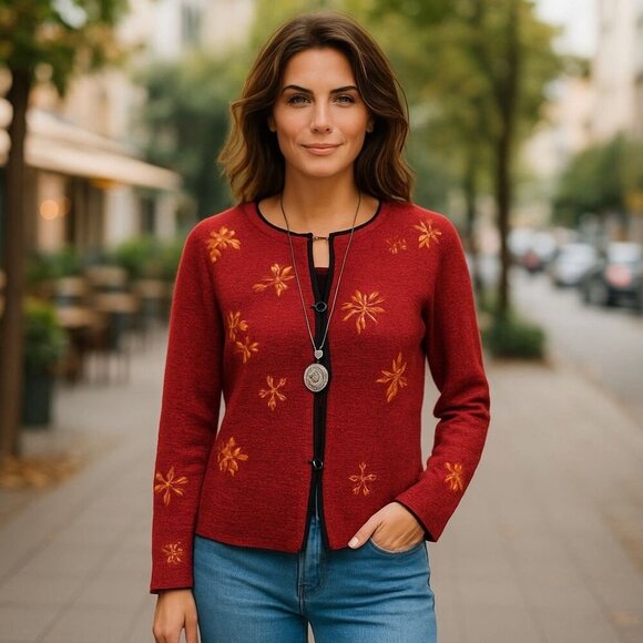Vintage Sigrid Olsen Red Embroidered Cardigan Sweater – Size L - Picture 1 of 12